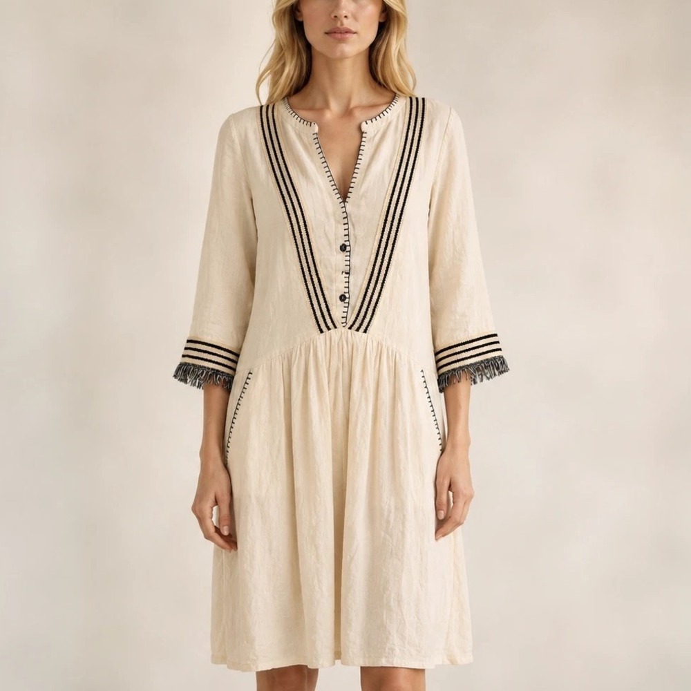 The Korner Folk Inspired Embroidered Tunic Granola Dress Fringe Cuffs SZ 40 M-L